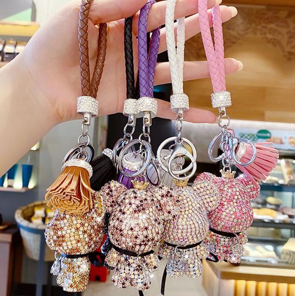 

luxury creative full rhinestone bear keychain fashion animal keyring for men women car bag pendant key chains couple gift, Silver
