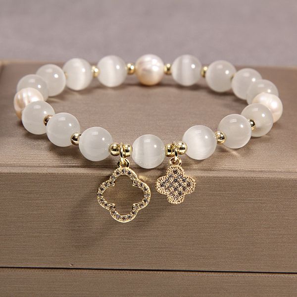 

luxury cats eye stone pearl strings clover charm bracelet for women, Golden;silver