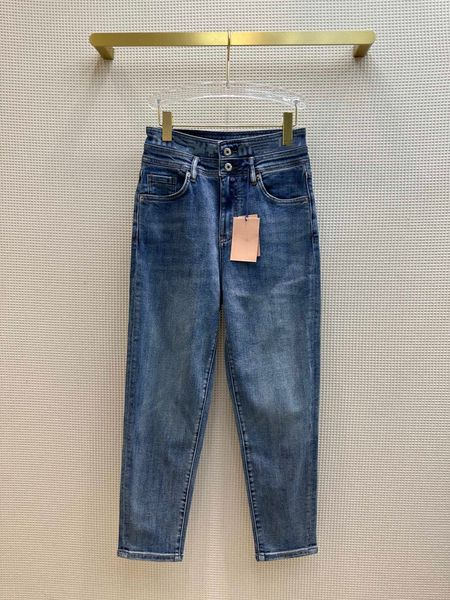 

2023 designer jeans women's new mid-high-waist straight joker jeans lotus leaf trouser leg fashion letter decoration leisure. c20, Blue