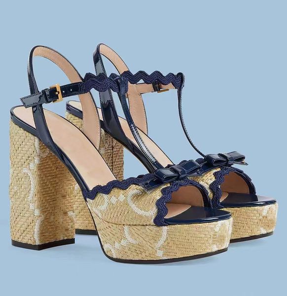 

womens sandals with thick heel lafite grass woven thick bottom water table 12cm luxury designer classic dress shoes lace ankle strap 35-41 w, Black