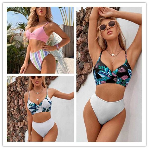 

split bikini digital printing cross suspenders swimwear women, White;black