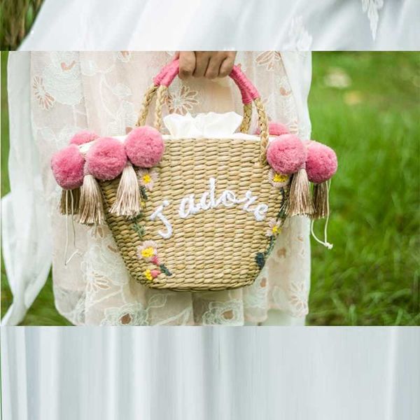 

totes bohemian beach bag for women cute handmade straw bags tassels pom summer vacation handbags drawstring basket bag travel tote 0214v23