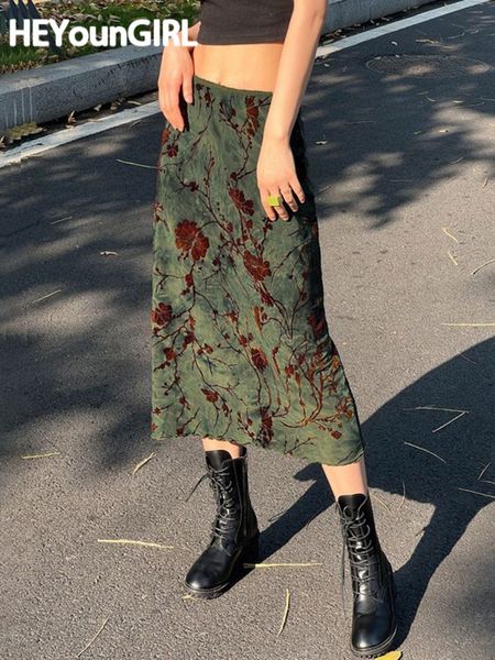 

skirts heyoungirl floral print vintage green mid skirts women y2k high street grunge fashion elegant midcalf long skirt autumn winter 230214, Black