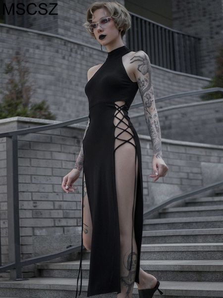 

casual dresses off shoulder black for women sleeveless bandage midi summer bodycon elegant long party with thigh slit 230214, Black;gray