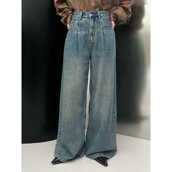 

synch 2023 spring new cotton classic washed wide leg pants folded draping jeans women, Blue
