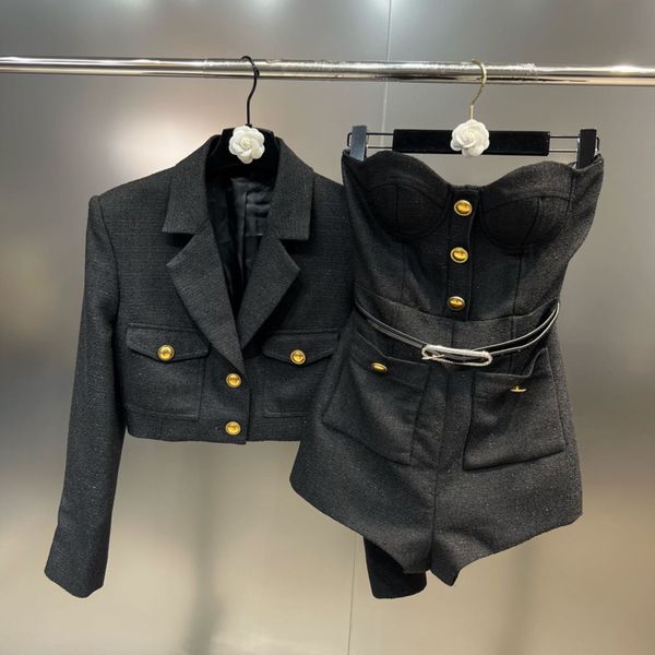 

women's two piece pants prepomp autumn turn down collar short blazer coat sleeveless slim strapless playsuits belt two piece set women, White