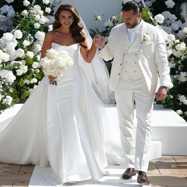 

fabulous mermaid wedding dresses lace appliqued bridal gowns strapless neckline with detachable train satin plus size vestido de novia, White