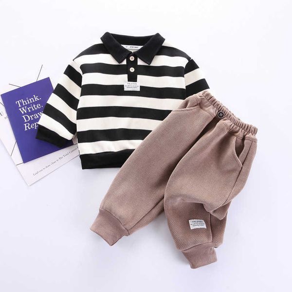 

clothing sets lzh winter kids clothes thicken suit casual stripe long sleeve sweaters pants twopiece set for baby boys sportswear, White