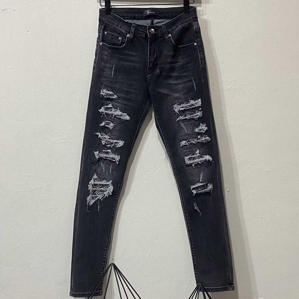 

cool high-street 2023 ripped amirs gray men's stylish leisure jeans brand designer black fashion holes pants cashew flowers thin slim n, Blue