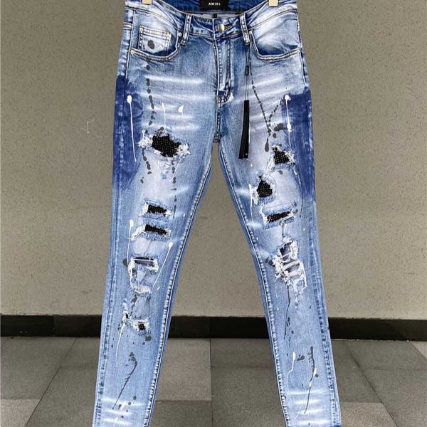 

hole 2023 amirs men's blue jeans designer fashion pants drill cool stylish leisure ripped high brand street youth trend wash slim elast