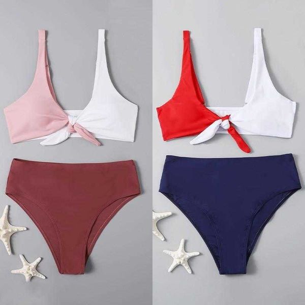 

three color stitching split swimsuit womens high waist t back bikini wholesale, White;black