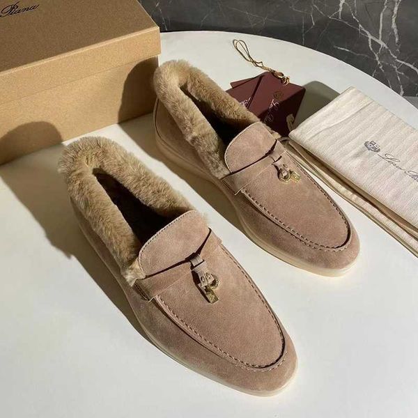 

designer loropiana walk shoes plush lefu shoes rabbit hair sheep suede lp flat slacker shoes warm women's shoes, Black;white
