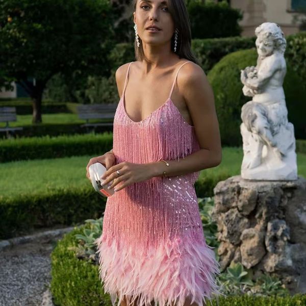 

casual dresses pink backless slip mini robe womens fringed sequin feather stitching dress summer slim vneck off shoulder female 230214, Black;gray