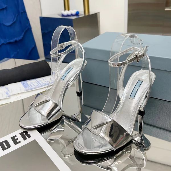 

high heel sandals luxury designer silver classic womens dress shoes triangle buckle decorative ankle strap 9.5cm middle heel sandals 35-41 b, Black