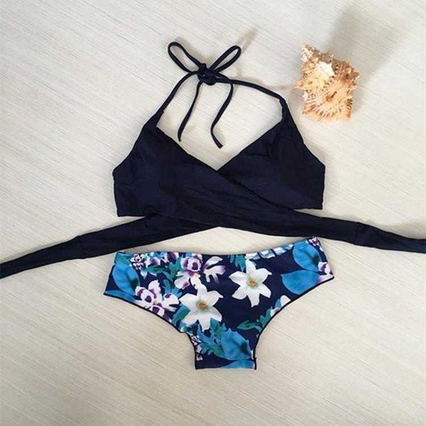 

multi color bikini womens split printed cross backless swimsuit, White;black