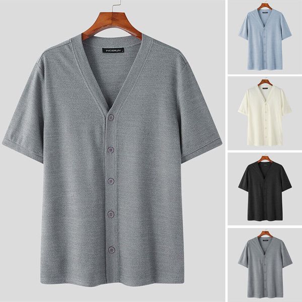 

men's short sleeve vintage knitwear v neck shirts casual formal button up, White;black