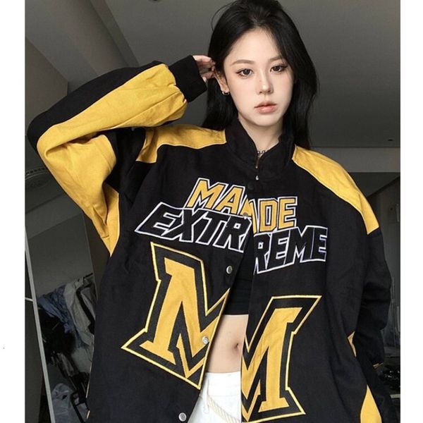 

womens jackets american racing suit women color bump vintage patchwork alphabet embroidery locomotive couple fashion loose coat jacket 23021, Black;brown