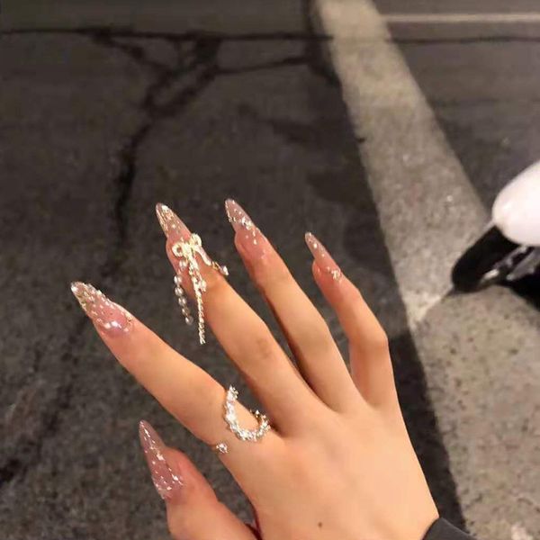 

false nails 24pcs artificial butterfly rhinestones full cover tips shiny diy decorations press on patch 230214, Red;gold