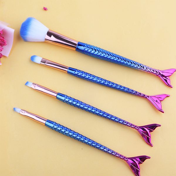 

soft six-color makeup brush soft hair mermaid set electroplated nylon hair 4 pcs pvc bag spot source factory