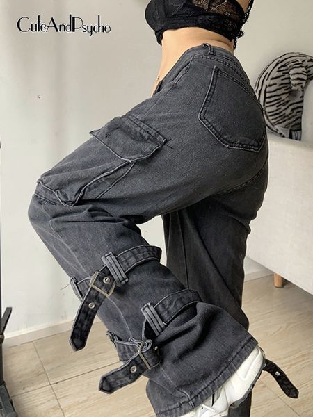 

women s jeans goth chic low waist retro grunge oversized casual straight trousers academic cute 90s fashion pockets pants cuteandpsycho 2302, Blue