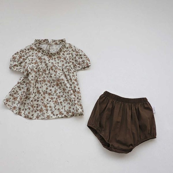 

sets fashion floral short suit fluffy sleeve tshirt cute cotton shorts newborn baby girl clothing, White