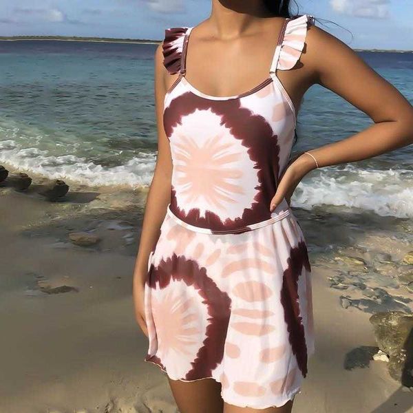 

printed flounce strap double shoulder bikini female skirt style dress, White;black