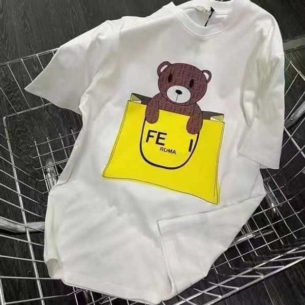

designer luxury fends classics fashion trend versatile comfortable summer pocket bear print pure cotton lovers t-shirts for men and women, Black;brown
