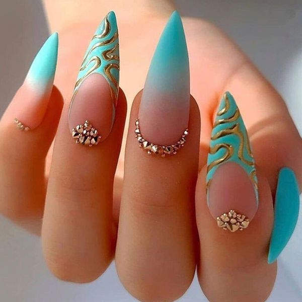 

false nails long stiletto gradient light green wearable french fake press on striped diamond design manicure tips 230214, Red;gold