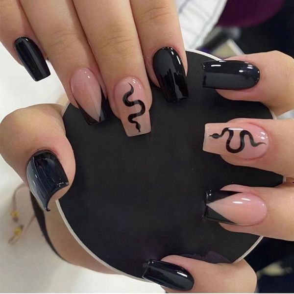 

false nails 24pcs short square head fake black snake pattern french design press on nail tips diy manicure tool 230214, Red;gold