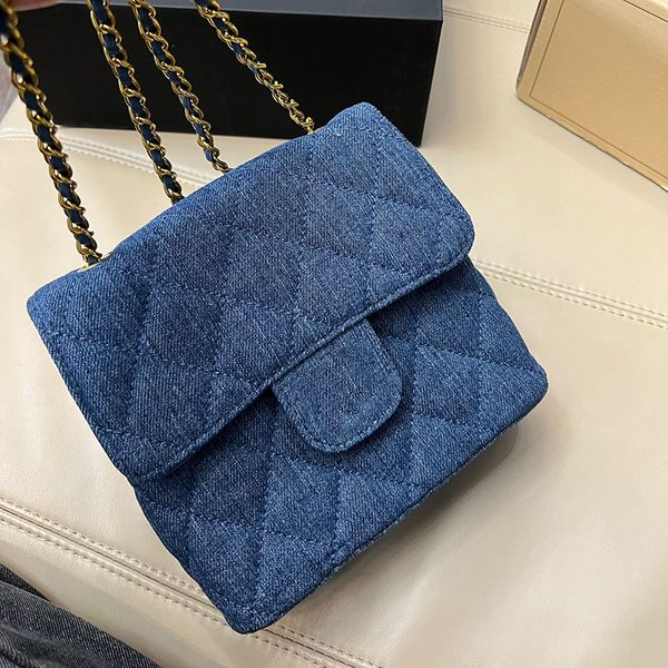 

1990 vintage denim square classic mini flap bags cross body dark blue gold metal hardware matelasse chain crossbody shoulder ghw purse desig