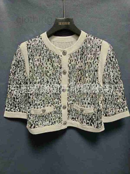 

women's knits & tees designer original one-to-one heavy industry five-quarter sleeve sequin round neck women's handmade knitted ca, White