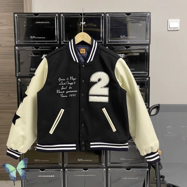 

men's jackets towel embroidery human made men women bomber thick leather sleeve baseball uniform 230213, Black;brown