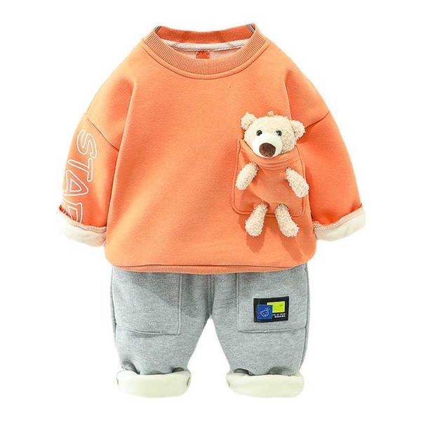 

clothing sets chil1en's boys and girls 0-6 years old plush winter bear doll set solid color sweater fashion pants two-piece set, White