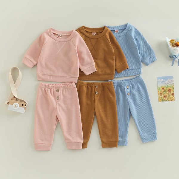 

clothing sets infant girls boys twopiece pants suit autumn winter solid crew neck long sleeve pulloverelastic waist trousers toddler clothes, White