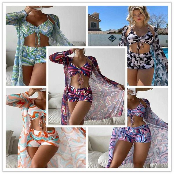 

digital printing bikini multi color boxer fresh style mesh three piece swimsuit, White;black