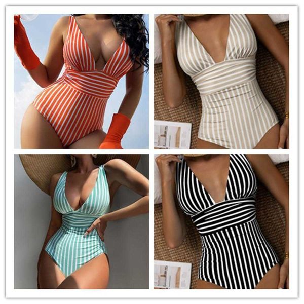 

one piece swimsuit stripes women backless bikini multicolor, White;black