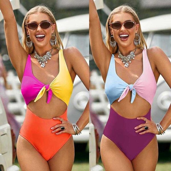 

stitching double shoulder hollow spring bikini u collar triangle one piece, White;black