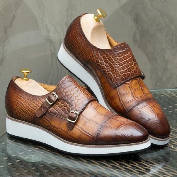 

classic men's casual shoes genuine leather crocodile pattern shoes men fashion buckle monk strap sneakers d2a13, Black