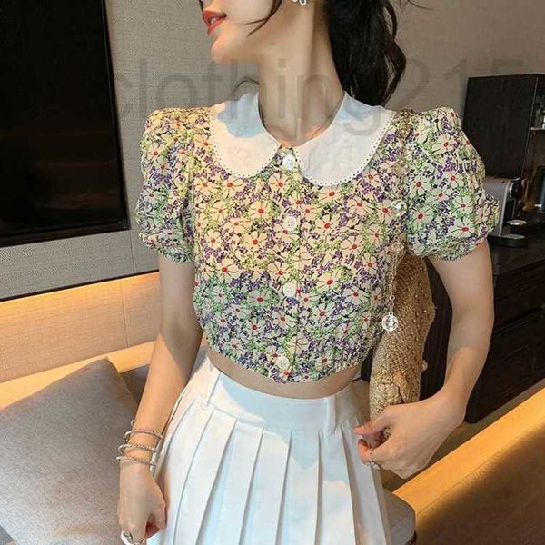 

women's t-shirt designer short fashion doll collar flower print blouse women's new summer style bubble sleeve open-breasted shirt, White