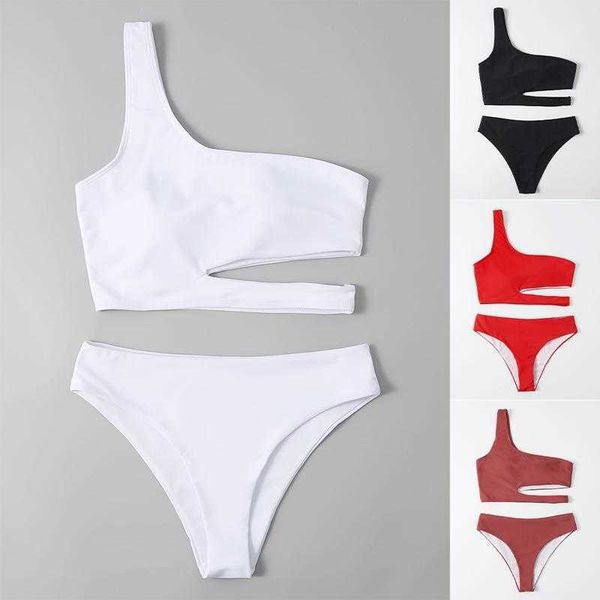 

summer pure color bikini one shoulder tube split swimsuit, White;black