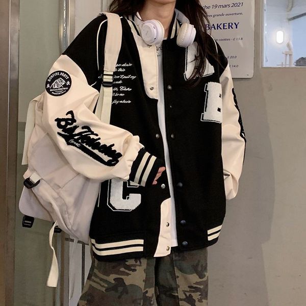 

womens jackets deeptown lamb wool bomber jacket women harajuku fashion college uniform varsity baseball female oversized streetwear y2k 2302, Black;brown
