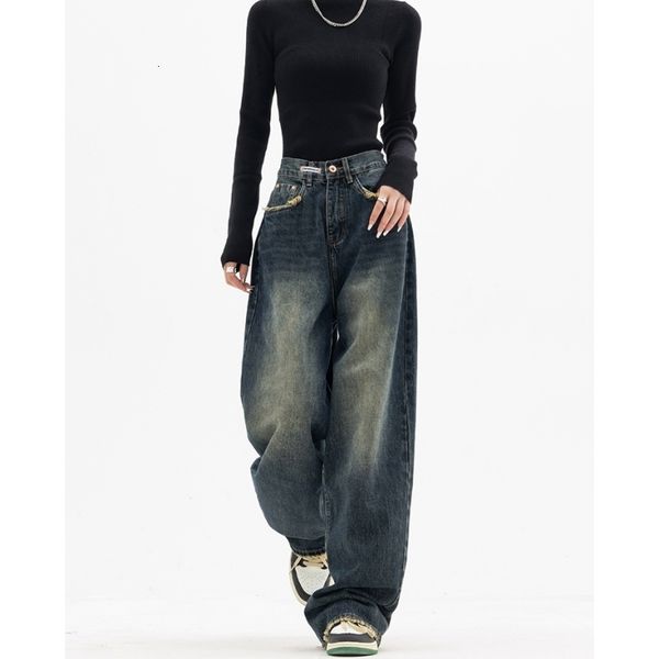 

women's jeans vintage blue high waist women jeans gradient american fashion streetwear wide leg jean female denim trouser baggy denim p