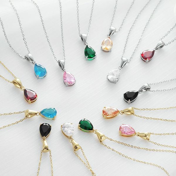 

s3426 fashion jewelry candy color water drop crystal rhinestone pendant necklace stainless steel choker chain necklace, Silver