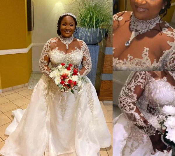 

2023 mermaid wedding dresses bridal gown overskirt high neck lace applique beaded long sleeves custom made sweep train country plus size ves, White