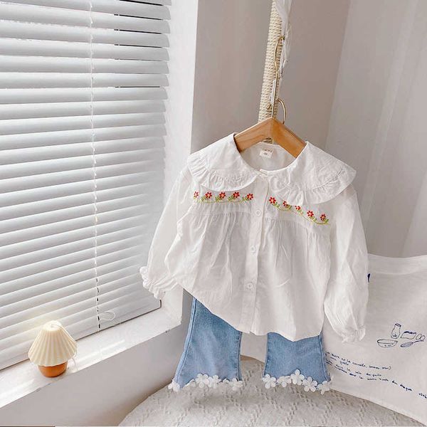 

clothing sets lzh new autumn set cute lapel shirt flower stitching jeans pcs outfits fashion kids long sleeve suit girls clothes, White