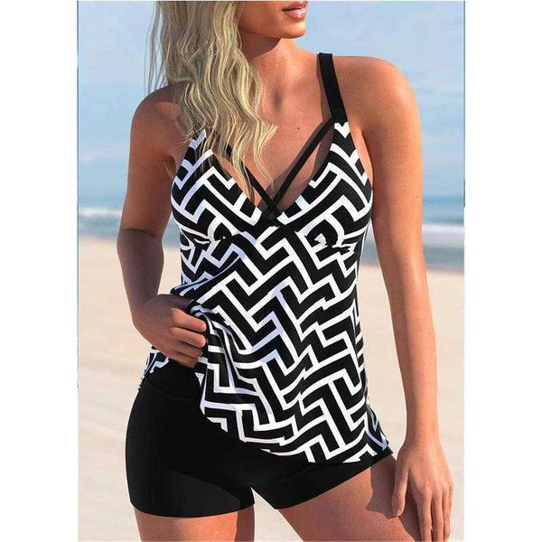 

split tankini geometric print slim strap swimsuit for women, White;black