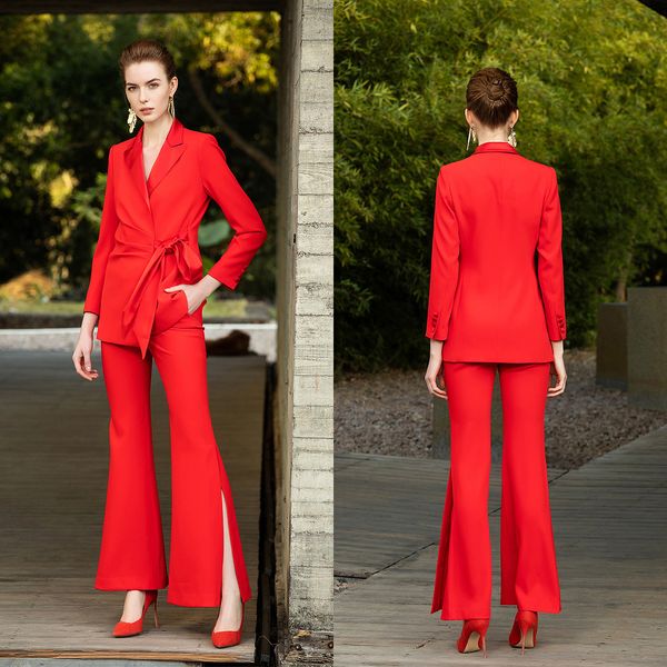 

bright red tailored women pants suits spring prom party wear blazer for wedding loose trousers 2 pieces, Black;red