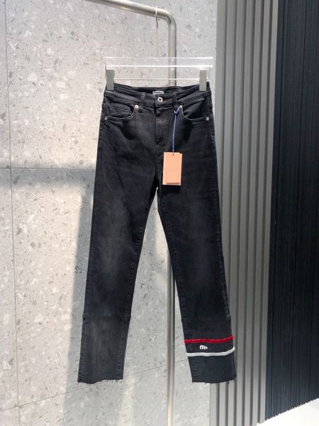 

2023 designer jeans women's new mid-high-waist straight joker jeans lotus leaf trouser leg fashion letter decoration leisure. c14, Blue