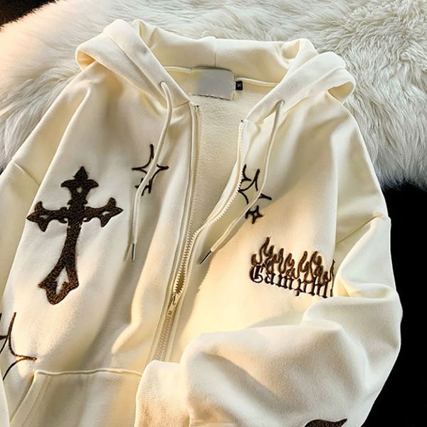 

womens jackets fashion winter couple wild zipper hoodie coats long sleeve loose zip up oversized retro letter printing streetwear 230214, Black;brown