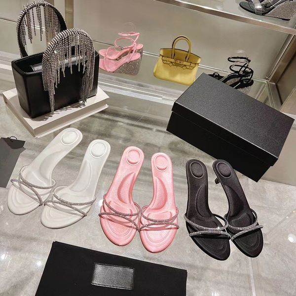 

2023 designer pure color rhinestone slides slippers women luxury leather black white powder outdoor high heel fashion crystal sandals lady s